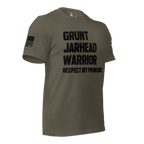 Army green t-shirt featuring "GRUNT JARHEAD WARRIOR" text shown from a three-quarter view