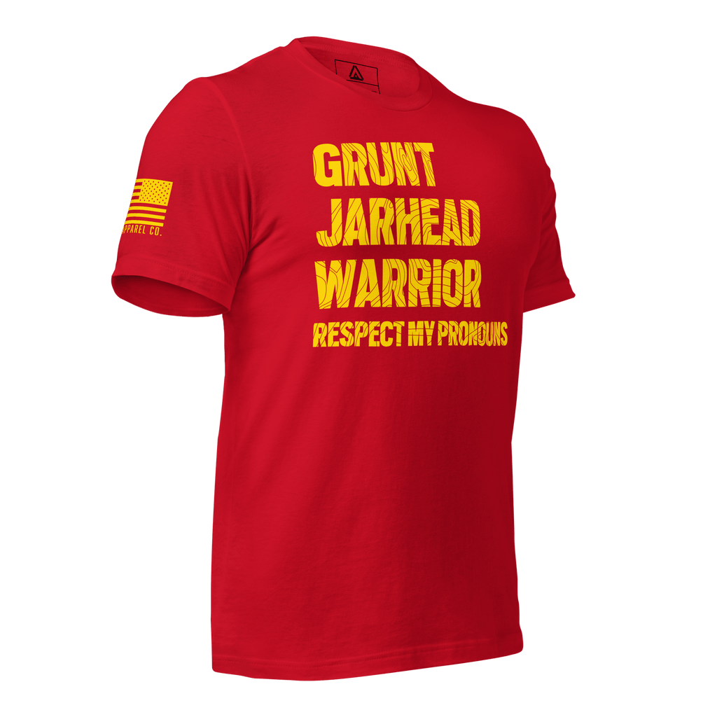 Red t-shirt featuring "GRUNT JARHEAD WARRIOR" text shown from a three-quarter view