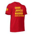 Red t-shirt featuring "GRUNT JARHEAD WARRIOR" text shown from a three-quarter view