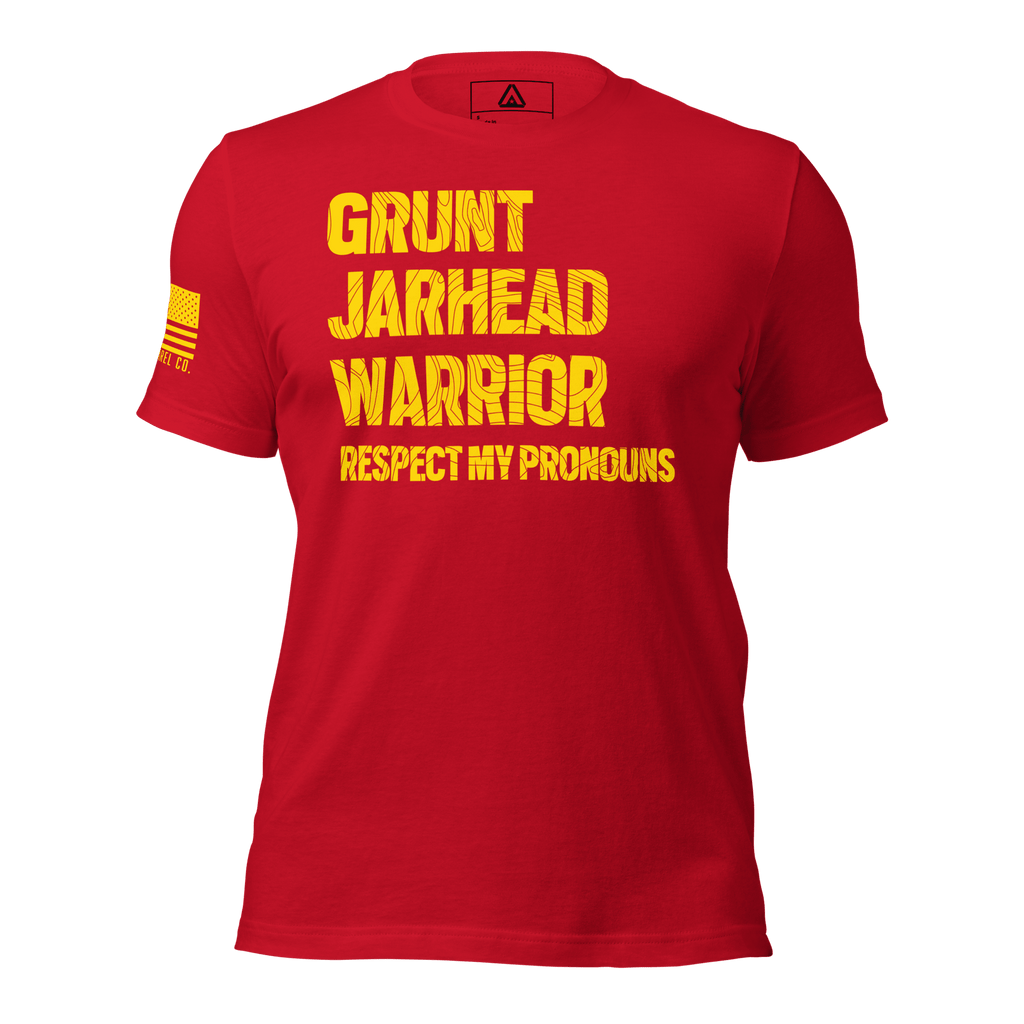 Red t-shirt featuring "GRUNT JARHEAD WARRIOR" text, withAmerican flag on the sleeve.