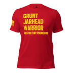 Red t-shirt featuring "GRUNT JARHEAD WARRIOR" text, withAmerican flag on the sleeve.