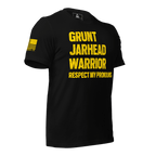 Black t-shirt featuring "GRUNT JARHEAD WARRIOR" text shown from a three-quarter view, with an American flag on sleeve.