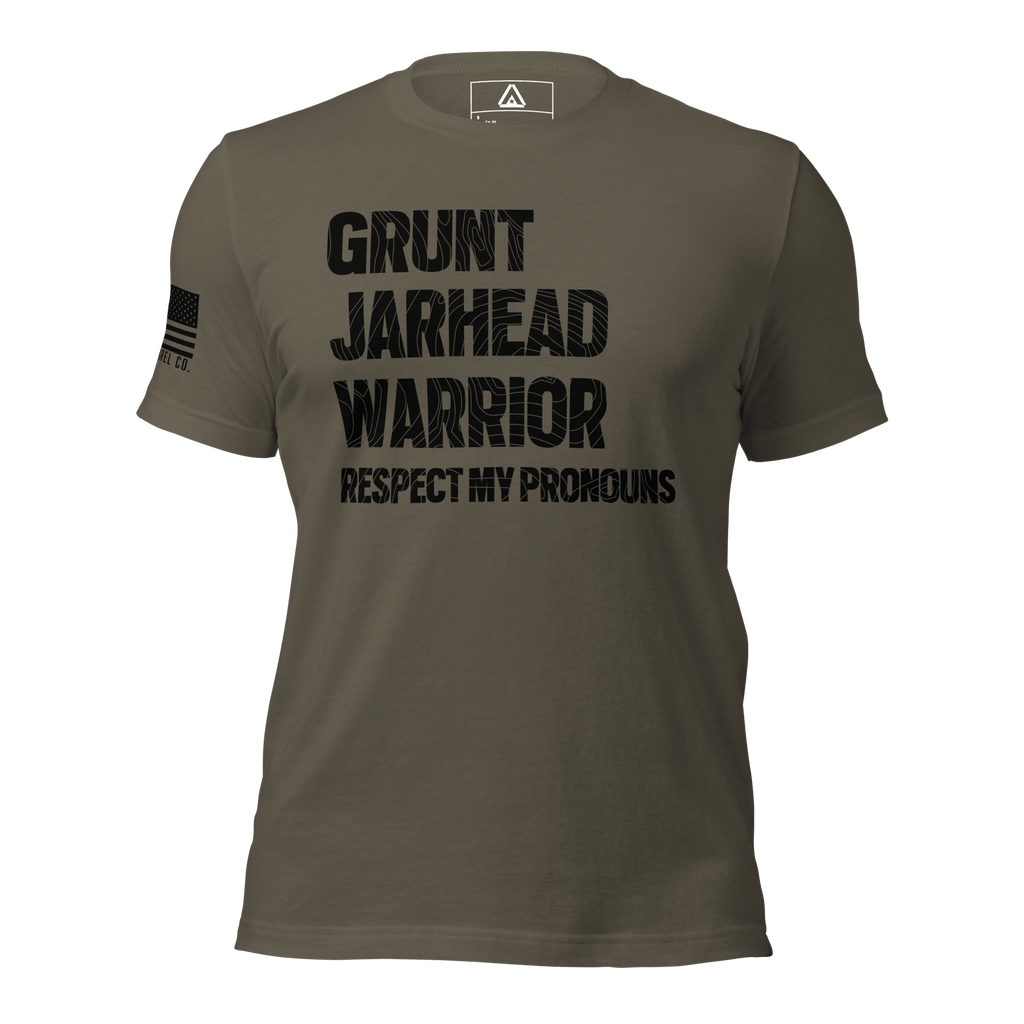 Army green t-shirt featuring "GRUNT JARHEAD WARRIOR" text, with an American flag on the sleeve