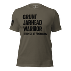 Army green t-shirt featuring "GRUNT JARHEAD WARRIOR" text, with an American flag on the sleeve