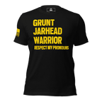 Black t-shirt featuring "GRUNT JARHEAD WARRIOR" text, with a DIA logo and American flag on the sleeve.