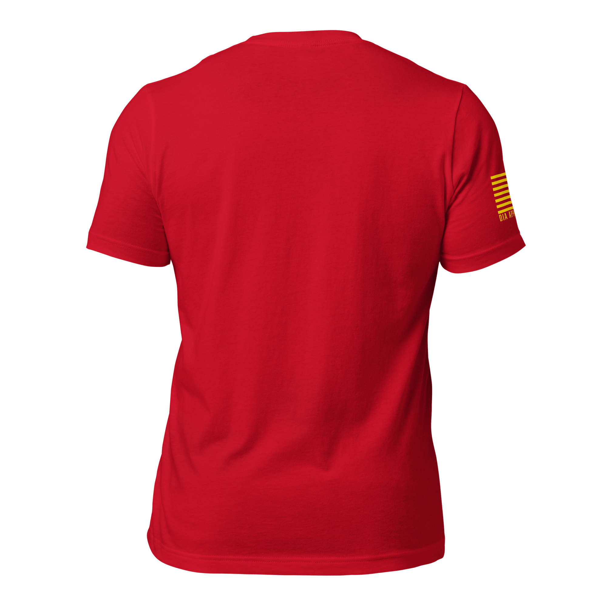 Red t-shirt shown from a rear view, featuring a yellow American flag on the sleeve and DIA logo.