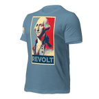 Steel blue t-shirt angled left featuring a George Washington "REVOLT" graphic and an American flag on the sleeve.