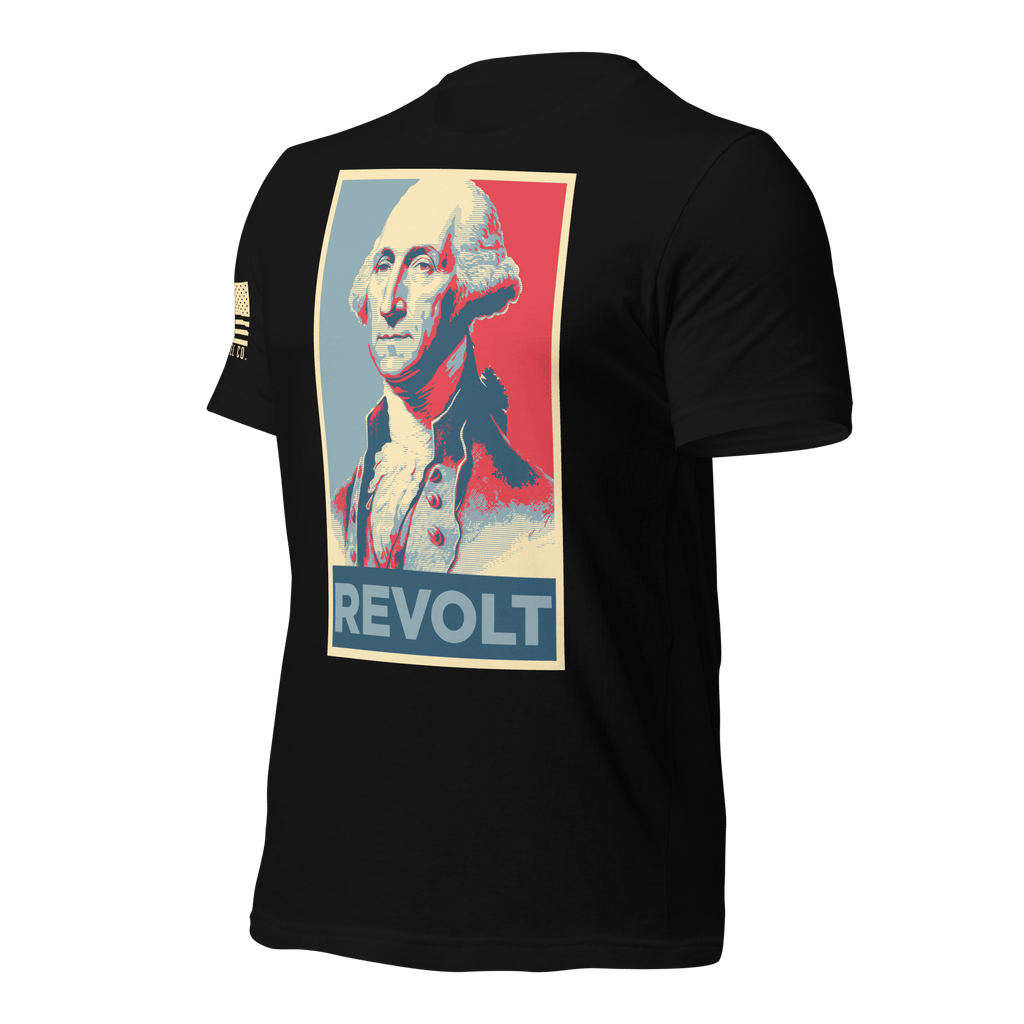 Black t-shirt angled right featuring a George Washington "REVOLT" graphic and an American flag on the sleeve.