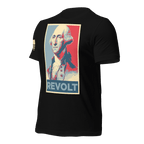 Black t-shirt angled right featuring a George Washington "REVOLT" graphic and an American flag on the sleeve.