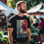 Bearded man, outdoor market, black t-shirt with George Washington "REVOLT" graphic and American flag on the sleeve.