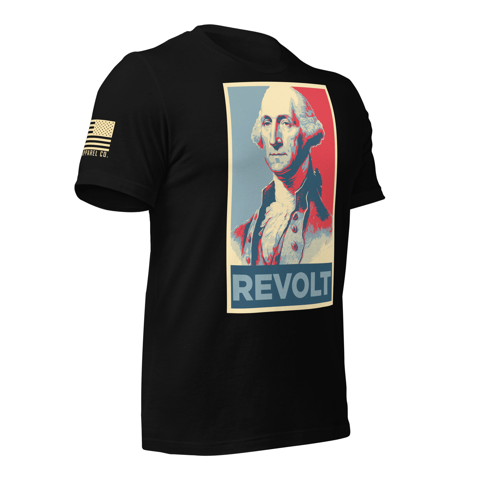 Black t-shirt angled left featuring a George Washington "REVOLT" graphic and an American flag on the sleeve.