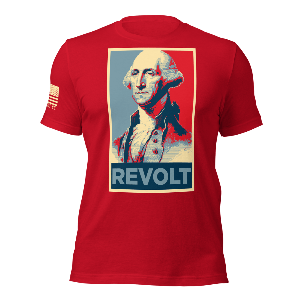 Red t-shirt featuring a George Washington "REVOLT" chest graphic and an American flag on the sleeve.