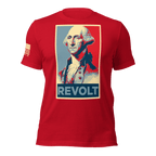Red t-shirt featuring a George Washington "REVOLT" chest graphic and an American flag on the sleeve.