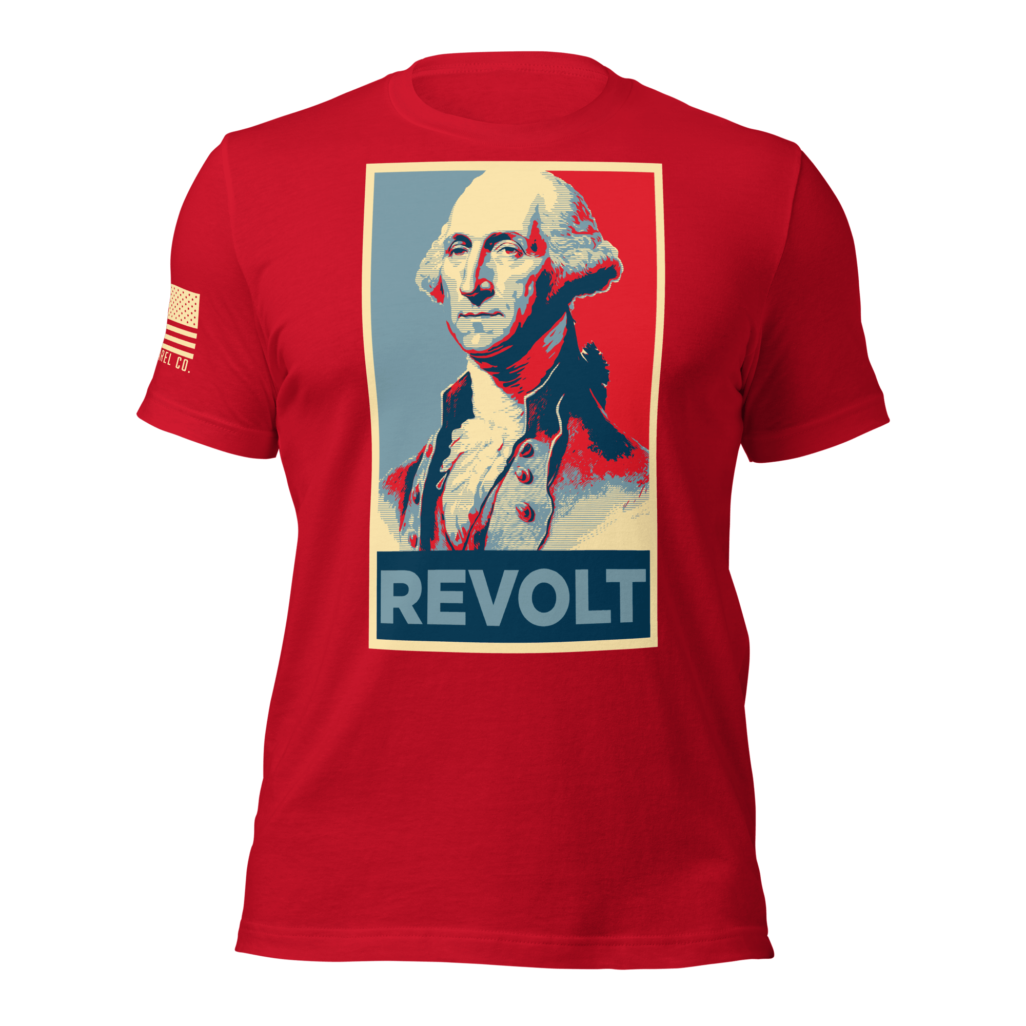 Red t-shirt featuring a George Washington "REVOLT" chest graphic and an American flag on the sleeve.