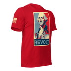 Red t-shirt angled left featuring a George Washington "REVOLT" graphic and an American flag on the sleeve.