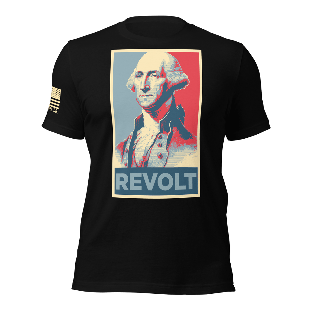 Black t-shirt featuring a red, white, and blue George Washington "REVOLT" chest graphic and a tan American flag on the sleeve