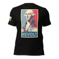 Black t-shirt featuring a red, white, and blue George Washington "REVOLT" chest graphic and a tan American flag on the sleeve