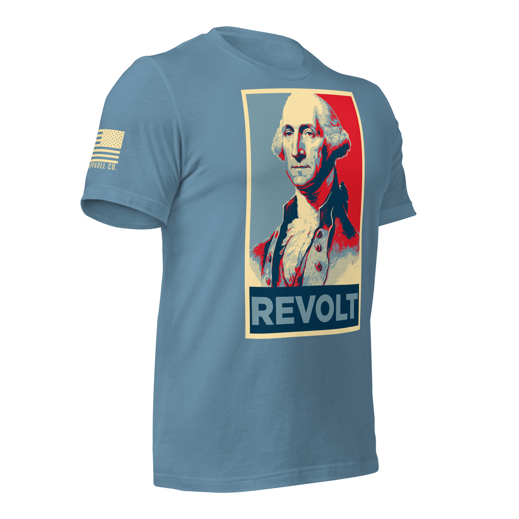 Steel blue t-shirt angled right featuring a George Washington "REVOLT" graphic and an American flag on the sleeve.