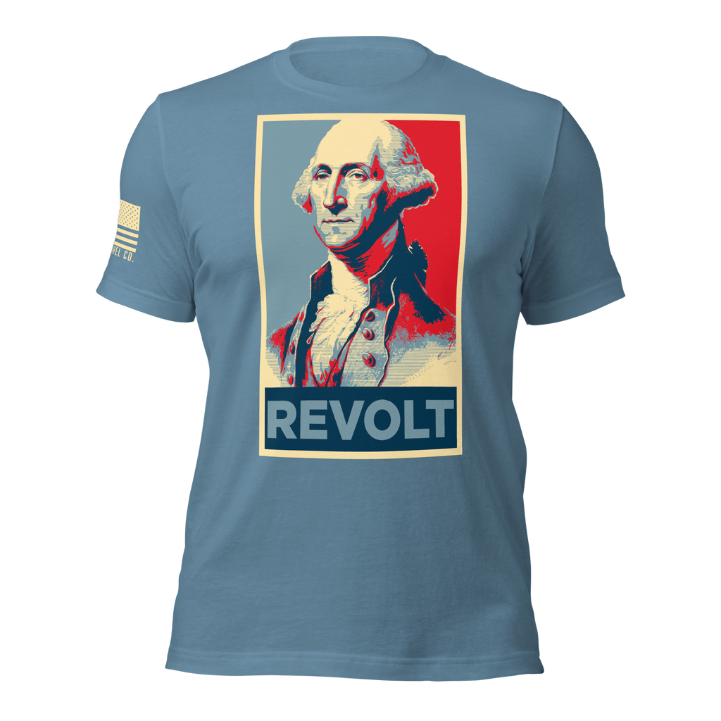 Steel blue t-shirt featuring a George Washington "REVOLT" chest graphic and an American flag on the sleeve.