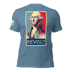 Steel blue t-shirt featuring a George Washington "REVOLT" chest graphic and an American flag on the sleeve.