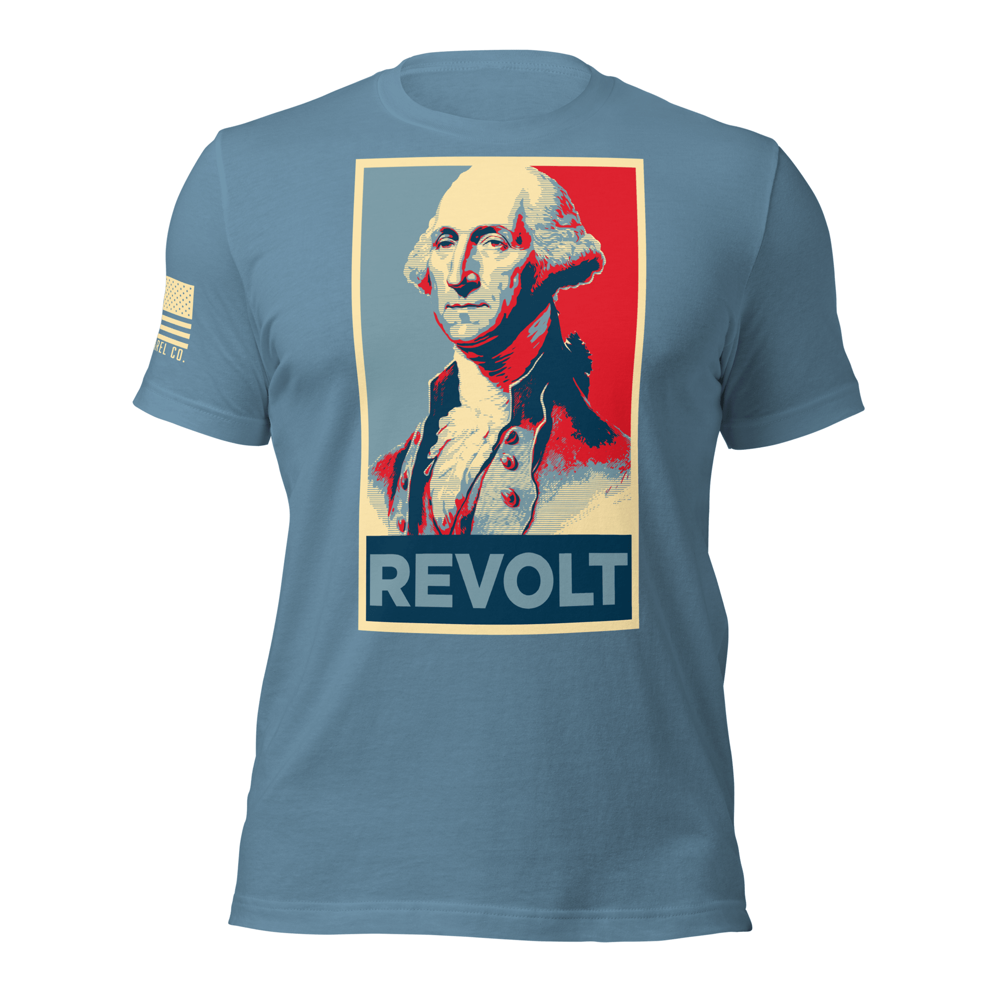 Steel blue t-shirt featuring a George Washington "REVOLT" chest graphic and an American flag on the sleeve.