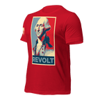 Red t-shirt angled right featuring a George Washington "REVOLT" graphic and an American flag on the sleeve.