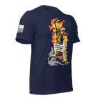 Navy t-shirt angled left with a flaming Statue of Liberty and a bold DIA logo on the sleeve.
