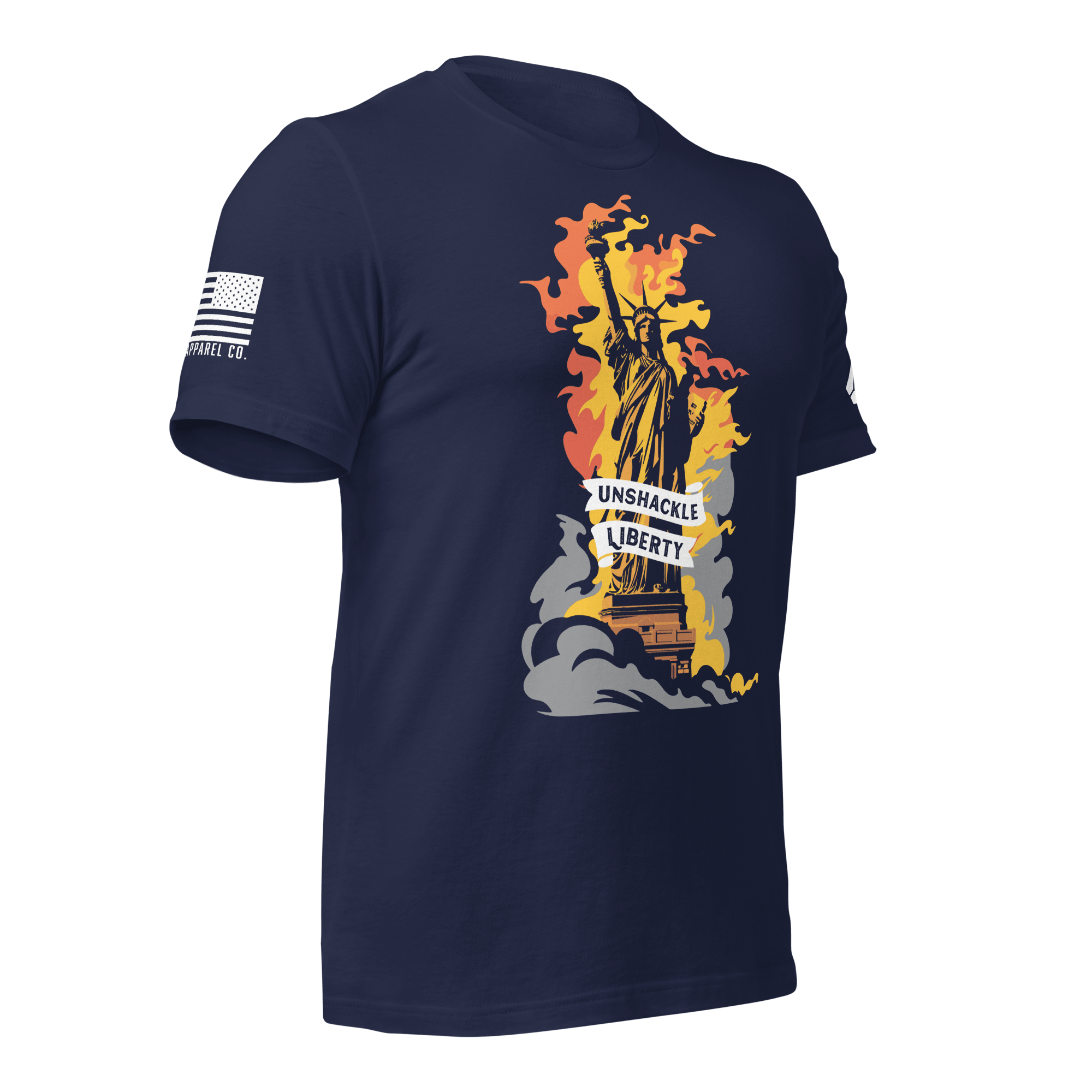 Navy t-shirt angled left with a flaming Statue of Liberty and a bold DIA logo on the sleeve.