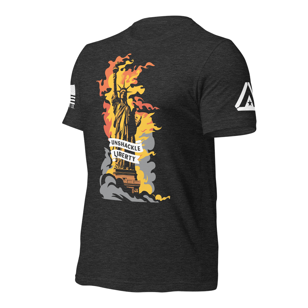 Dark grey heather t-shirt angled right with a flaming Statue of Liberty and a white American flag on the sleeve.