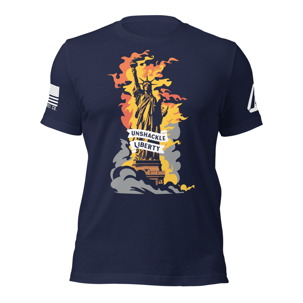 Navy t-shirt featuring a flaming Statue of Liberty and a white American flag on the right sleeve.