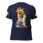 Navy t-shirt featuring a flaming Statue of Liberty and a white American flag on the right sleeve.