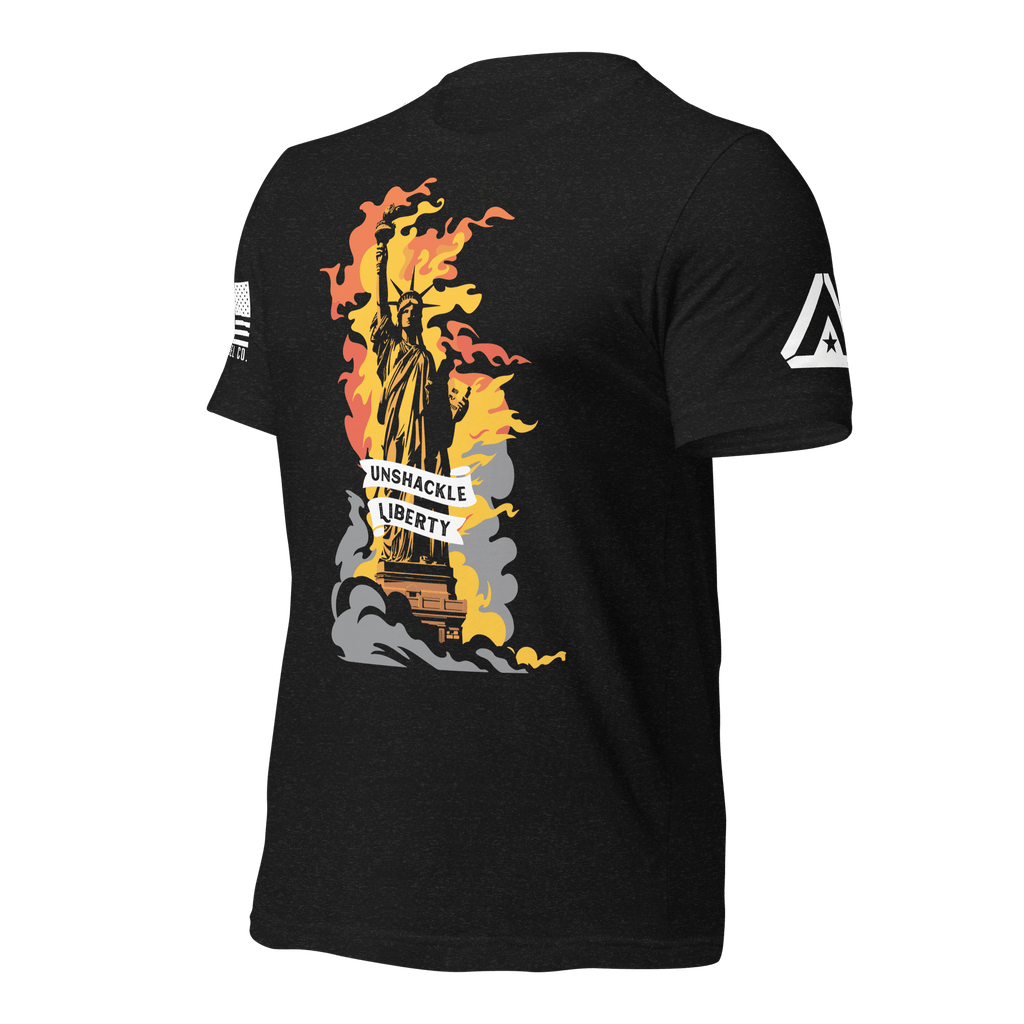 Black heather t-shirt angled right featuring a flaming Statue of Liberty and a white American flag on the sleeve.