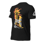 Black heather t-shirt angled right featuring a flaming Statue of Liberty and a white American flag on the sleeve.