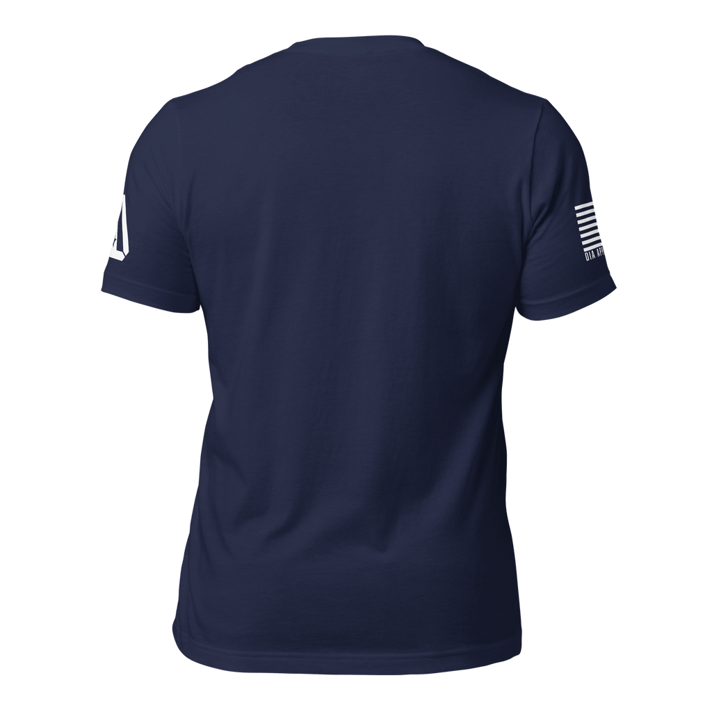Navy t-shirt back view featuring a white American flag on the right sleeve and a DIA logo on the left.
