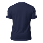 Navy t-shirt back view featuring a white American flag on the right sleeve and a DIA logo on the left.