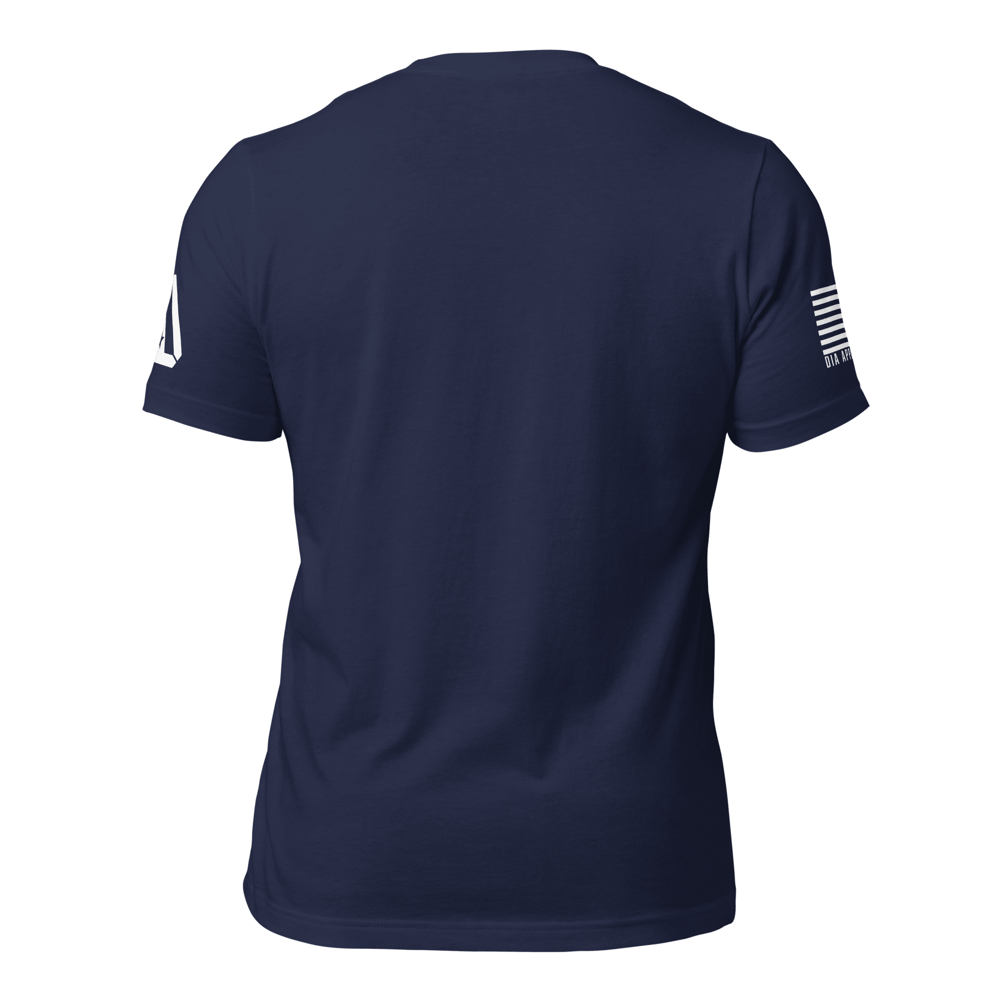 Navy t-shirt back view featuring a white American flag on the right sleeve and a DIA logo on the left.