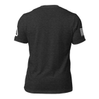 Dark grey heather t-shirt back view featuring a white American flag on the right sleeve and a DIA logo on the left.