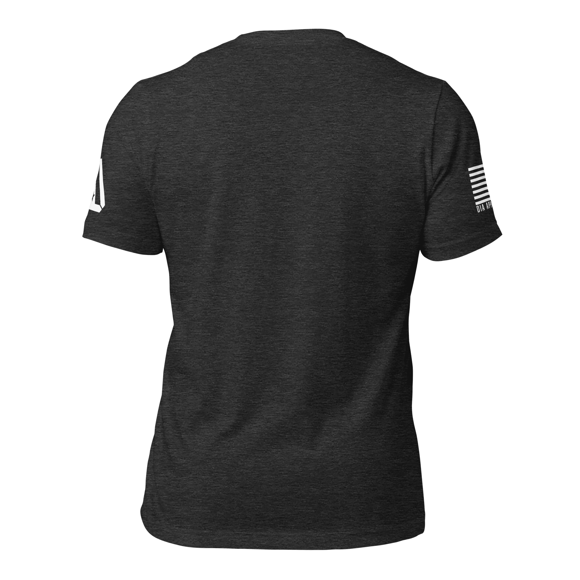 Dark grey heather t-shirt back view featuring a white American flag on the right sleeve and a DIA logo on the left.