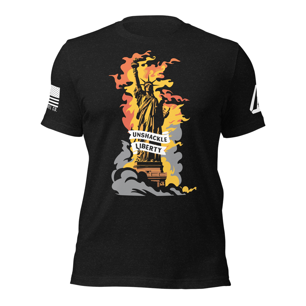 Black heather t-shirt featuring a flaming Statue of Liberty graphic and a white American flag on the right sleeve.