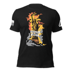 Black heather t-shirt featuring a flaming Statue of Liberty graphic and a white American flag on the right sleeve.