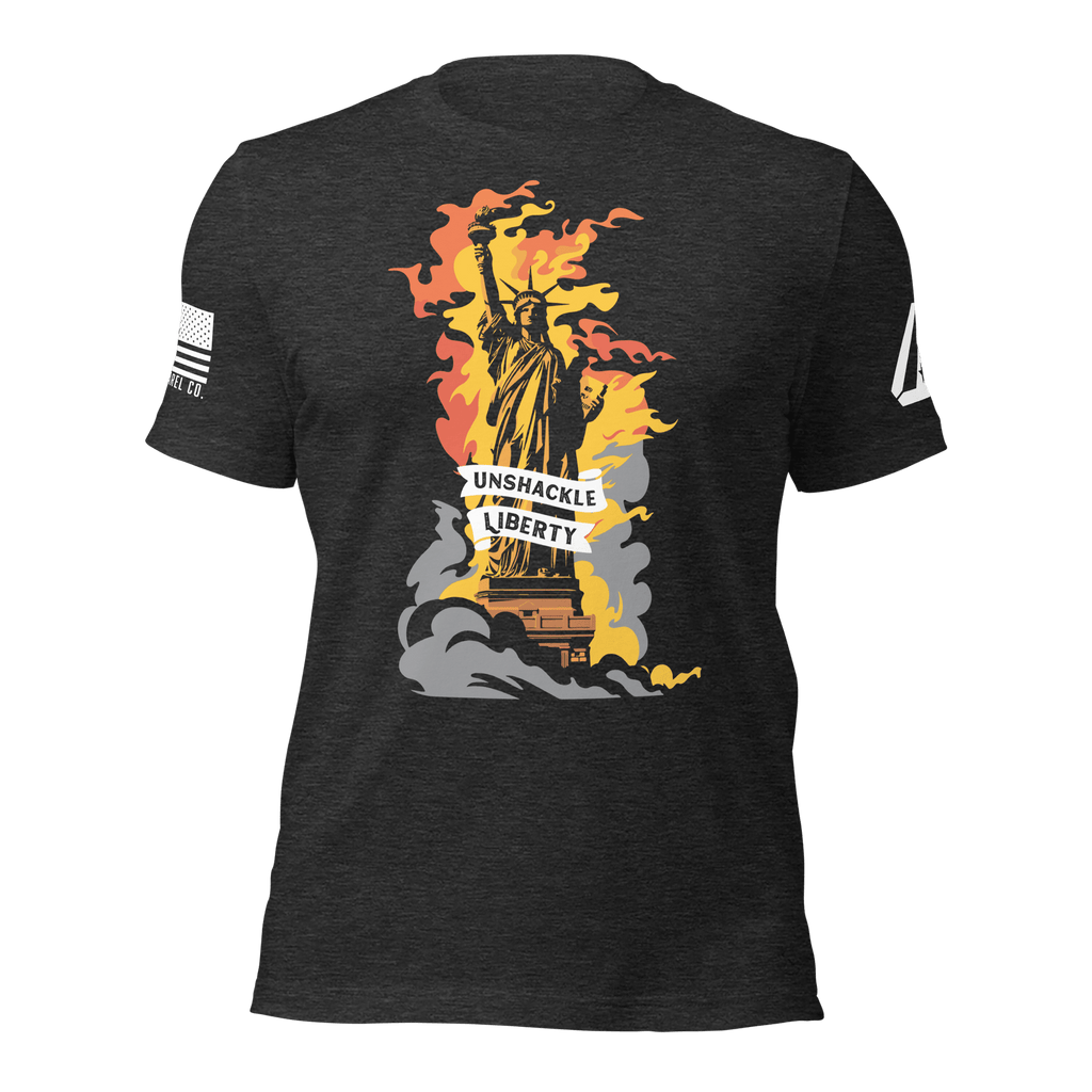 Dark grey heather t-shirt featuring a flaming Statue of Liberty and a white American flag on the right sleeve.