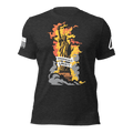 Dark grey heather t-shirt featuring a flaming Statue of Liberty and a white American flag on the right sleeve.