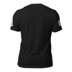 Black heather t-shirt back view featuring a white American flag on the right sleeve and a DIA logo on the left.