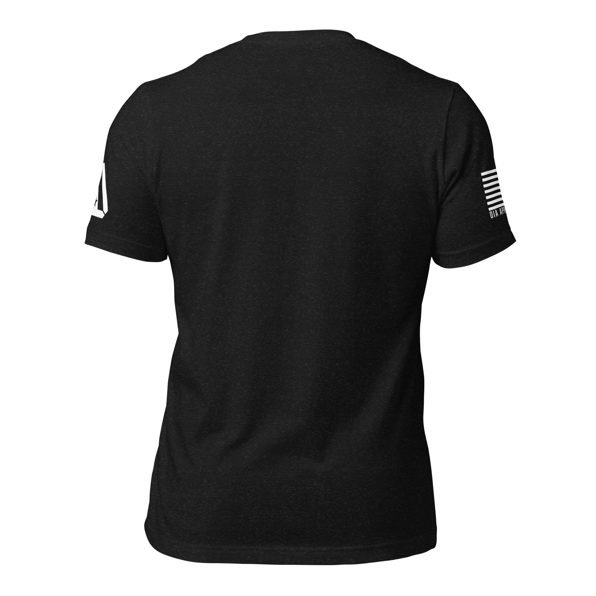 Black heather t-shirt back view featuring a white American flag on the right sleeve and a DIA logo on the left.