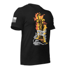 Dark grey heather t-shirt angled left with a flaming Statue of Liberty and a white DIA logo on the left sleeve.