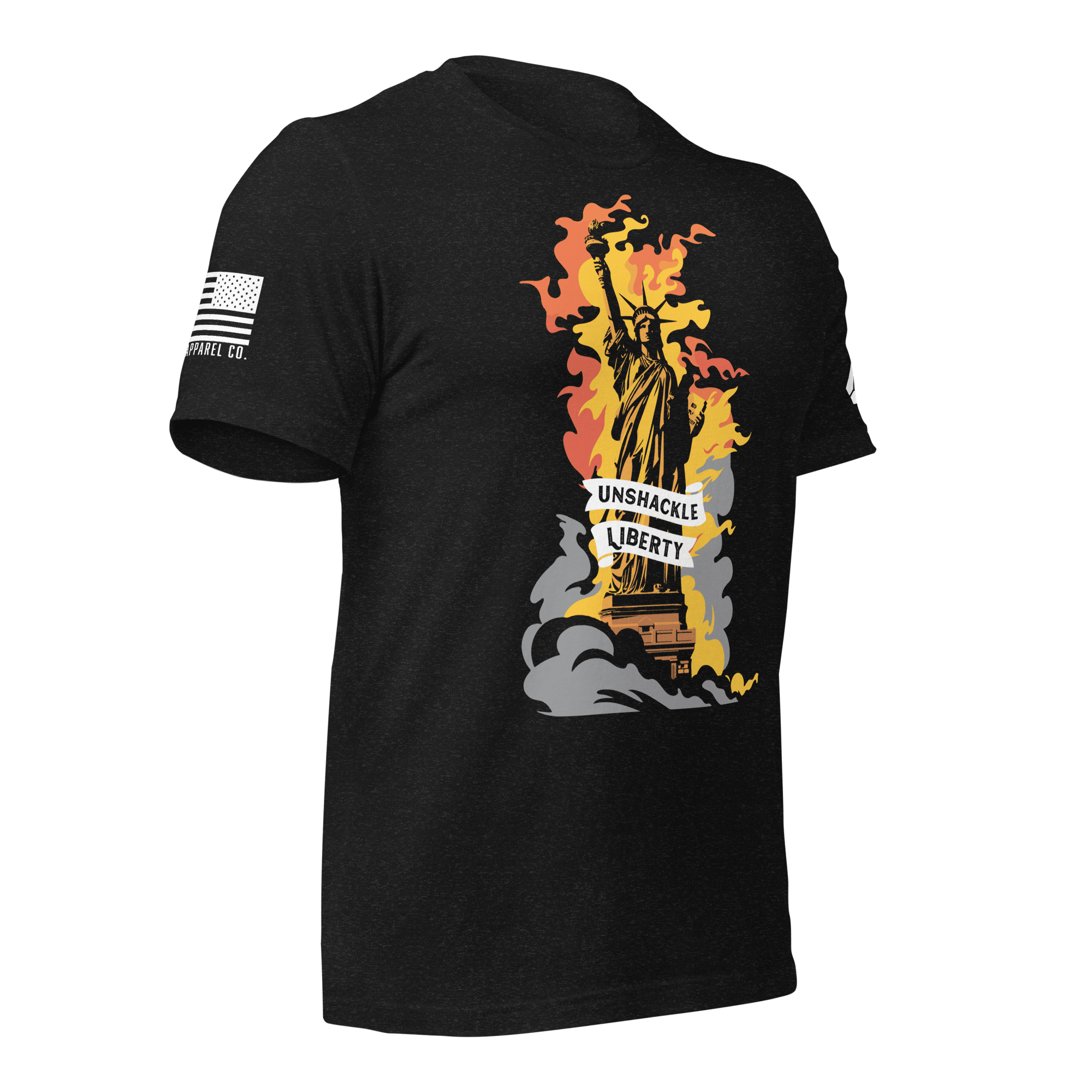 Dark grey heather t-shirt angled left with a flaming Statue of Liberty and a white DIA logo on the left sleeve.