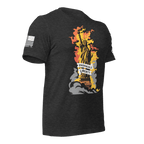 Dark grey heather t-shirt angled left with a flaming Statue of Liberty graphic and a DIA logo on the sleeve.