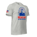 Athletic heather gray Ronald Reagan t-shirt, three-quarter view angled left, with an American flag on the right sleeve.
