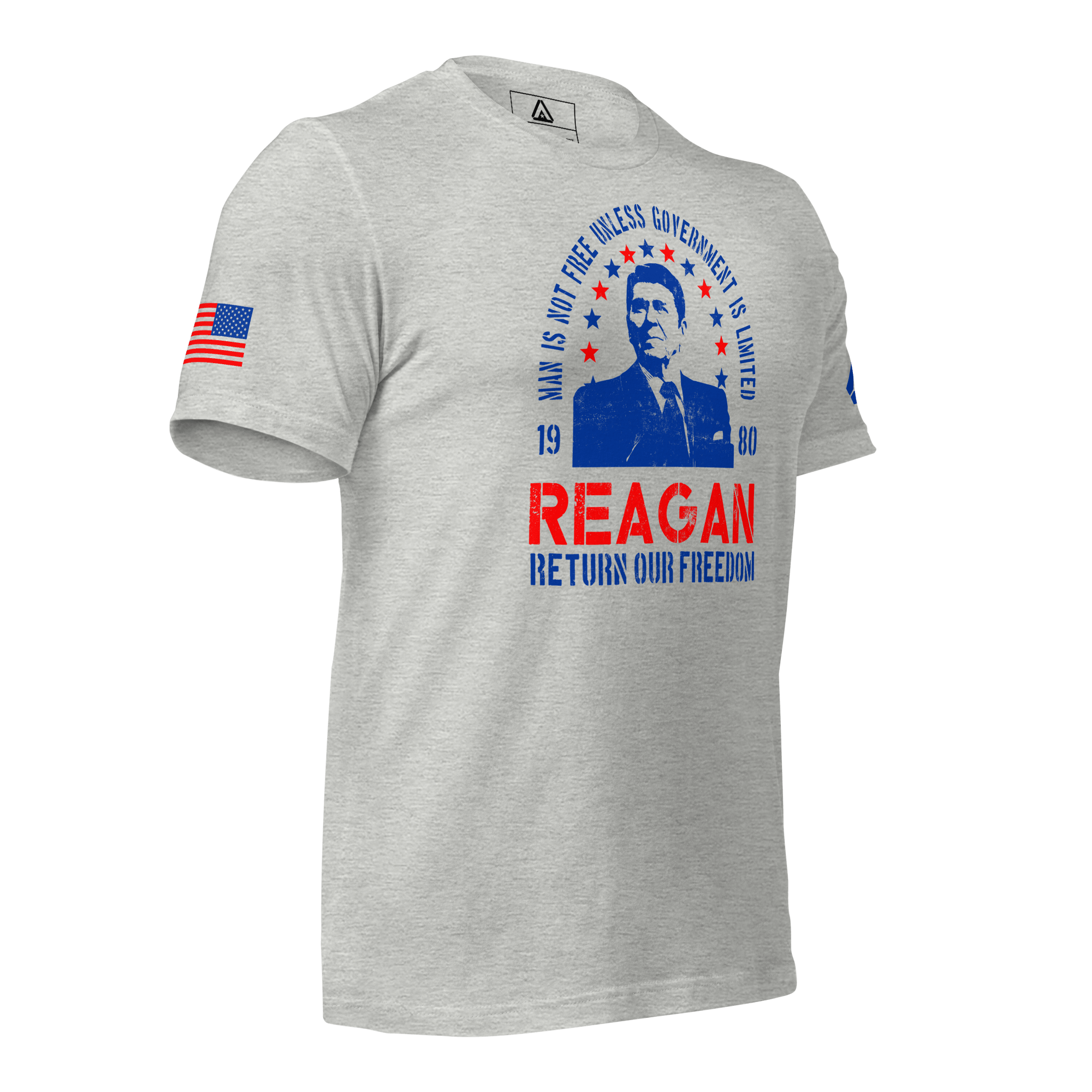 Athletic heather gray Ronald Reagan t-shirt, three-quarter view angled left, with an American flag on the right sleeve.