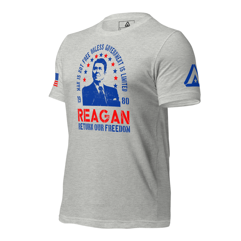 Athletic heather gray Ronald Reagan t-shirt, three-quarter view angled right, with a blue DIA logo on the left sleeve.